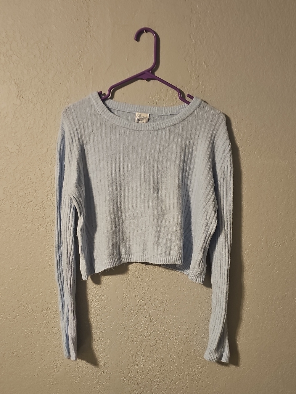 Blue Rain Light Blue Ribbed Cropped Long-Sleeve Top